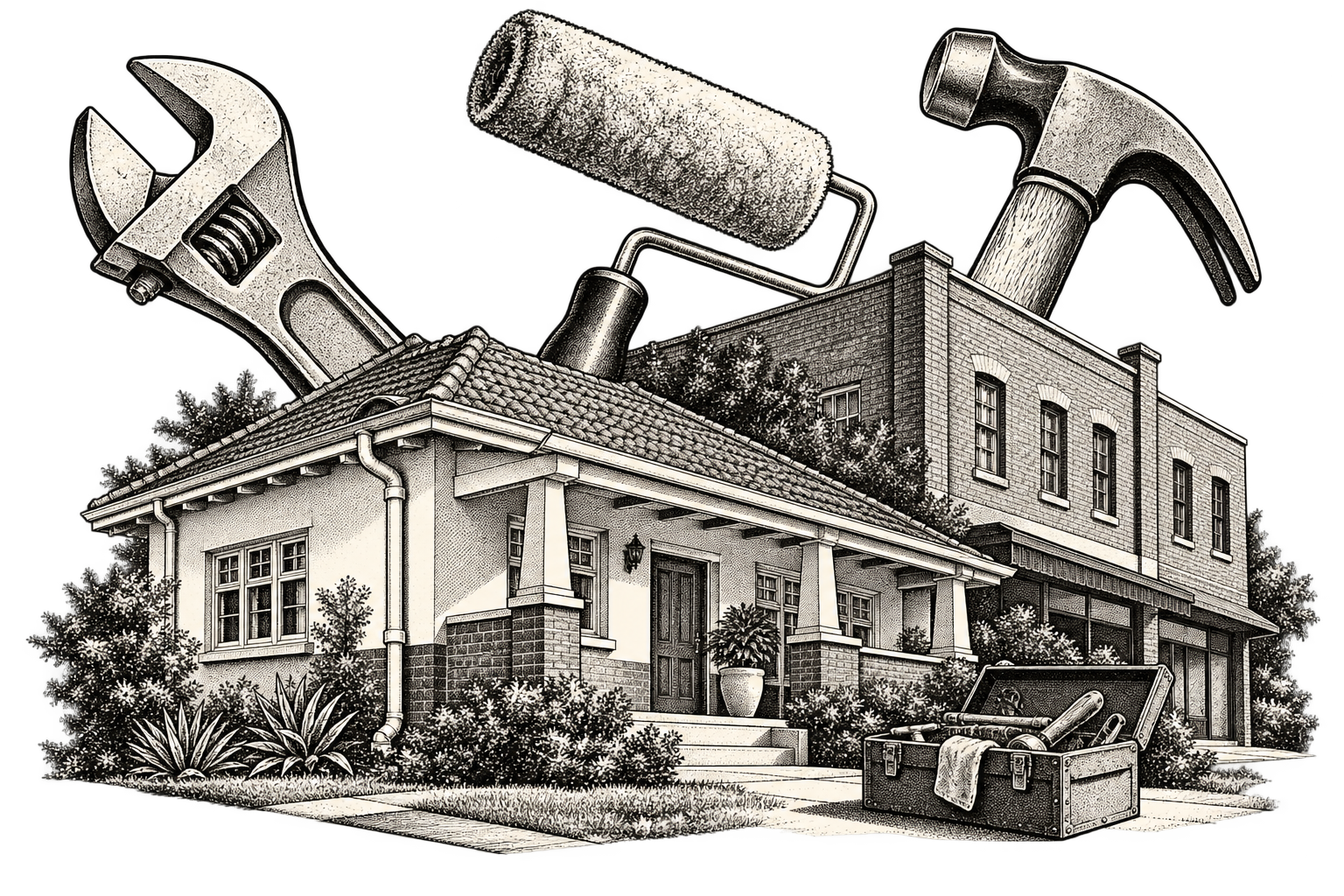 Playful ink illustration of a Johannesburg home and commercial building, with oversized tools
